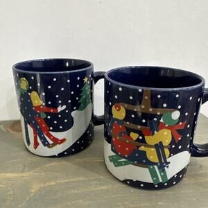 Lillian Vernon 1989 Coffee Cups Mugs Dark Cobalt Blue Snow Days Winter Set of 2